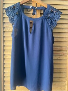 Women's Navy Crochet Sleeve Keyhole Top. Size M